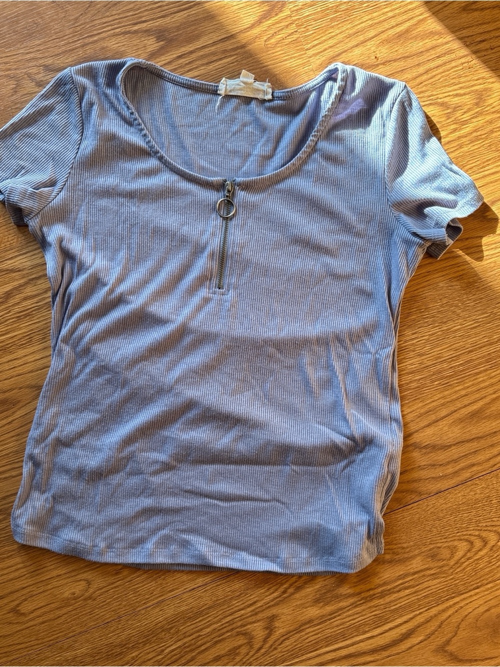 Ribbed Scoop Neck Zip Front Top - Light Blue